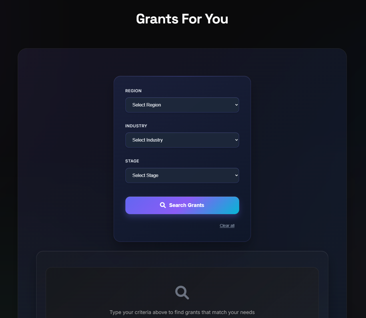 GrantAtlas Search Interface - Filter grants by region, industry, and stage to find perfect matches